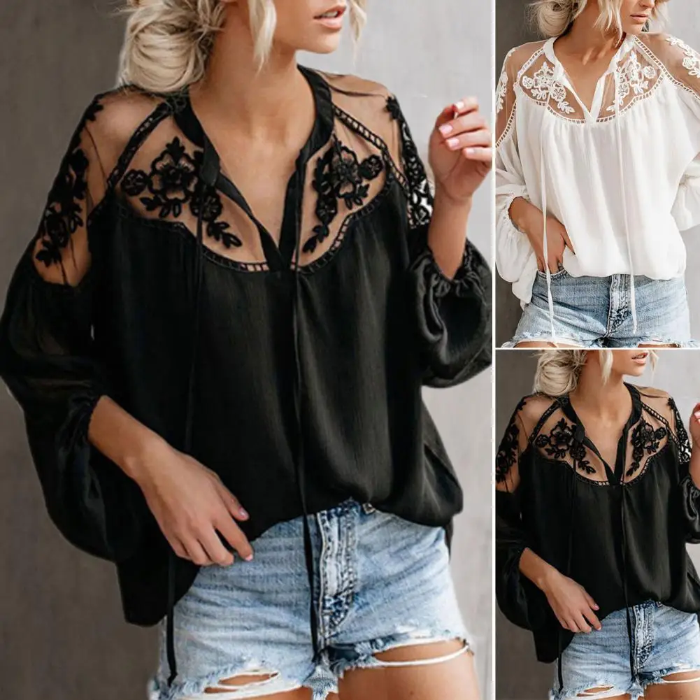 

Charming Shirt Top V-neck Long Sleeve Sweat Absorbing See-through Lace Patchwork Casual Shirt Blouse