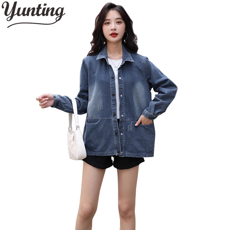 Women Denim Jacket Korean Single Breasted Long Sleeve Coat Jean Solid Vintage Outwears High Street Chic