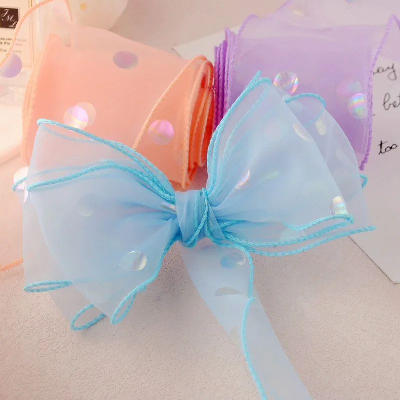 Атласная лента из органзы в серебряные точки волнистый рыбий хвост банты для