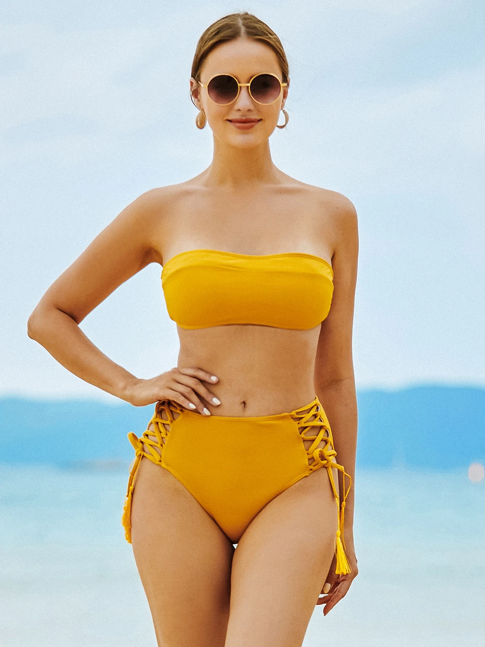 

Женский купальник с чашками пуш-ап, однотонный желтый купальник-бандо из двух предметов, сексуальная пляжная одежда, летний купальный костю...