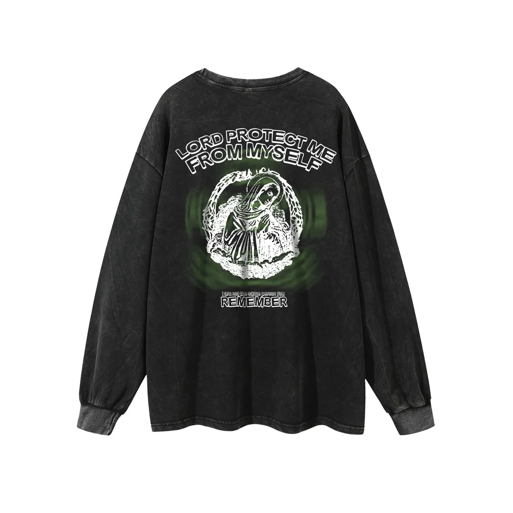 

Gothic Print T-Shirts With Chain Mens Retro Washed Black Long Sleeve Loose T shirts Grunge Men's Clothes Streetwear Tops Tees