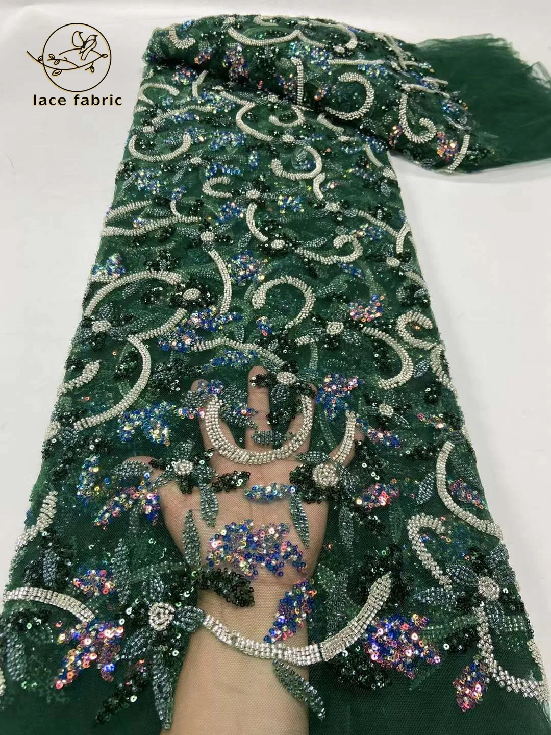 

2023 African Nigerian High Quality Green Tulle Lace Fabric Sequins Groom Embroidery French Wedding Party Dress Beaded 5 Yards