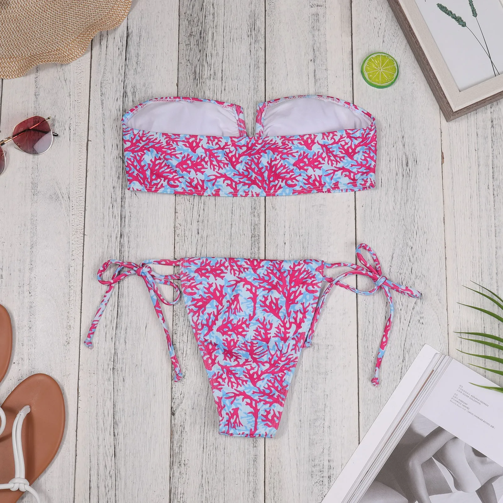 

Women's Two Piece Bandeau Swimsuits Tie Chest V Coral Print Bikini Set Tankini Swimsuits for Big Busted Women Tummy Control