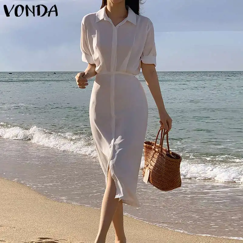 

VONDA 2022 модное платье с отворотом на пуговицах, винтажное осеннее Повседневное платье, женская рубашка, однотонные платья, сексуальное плать...