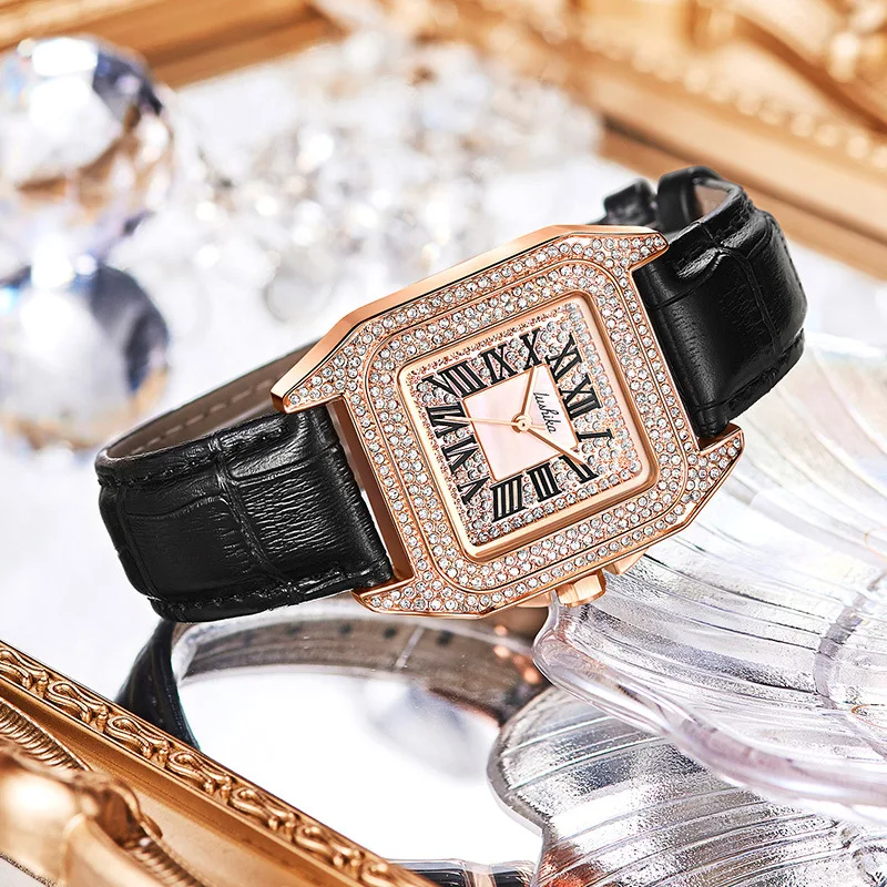 

Ladies Diamond Watch Women Square Roman Numerals Dial Stone Iced Out Female Wristwatch Rhinestone Luxury Genuine Leather Reloj