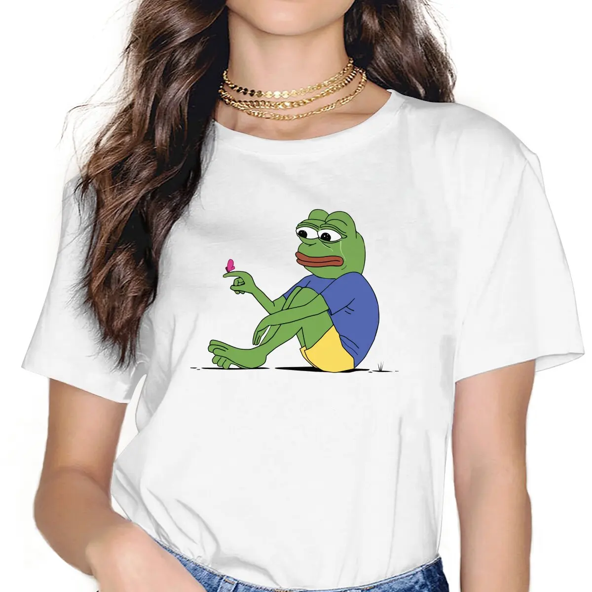 

Butterfly Landing on Finger Women TShirt Pepe Frog Animal Girls Y2k Basic Tops O-neck Polyester Female T Shirt Humor Gift