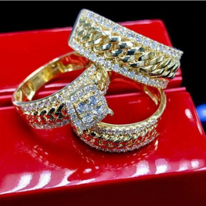 

Luxury 3 Pcs/set Golden Chain Inlaid Cubic Zircon Rhinestone Crystal Female Metal Ring for Women Party Jewelry