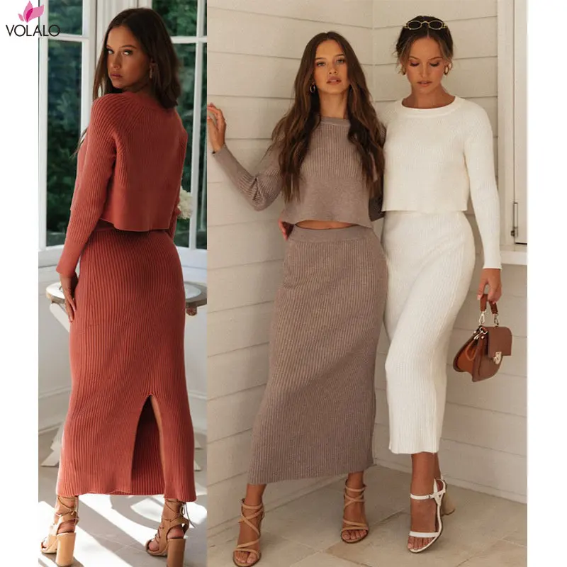 

Knitted 2 Pieces Set Women Pullovers Sweater Crop Tops & Knitted Skirts Bodycon Office Lady Skirts 2PCS Suits 2023 Winter Cloth