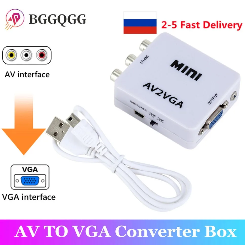 Преобразователь 1080P Mini RCA в VGA, конвертер AV2VGA с 3,5 мм аудио RCA в VGA, видео преобразователь для ПК на ТВ HD, компьютера на ТВ
