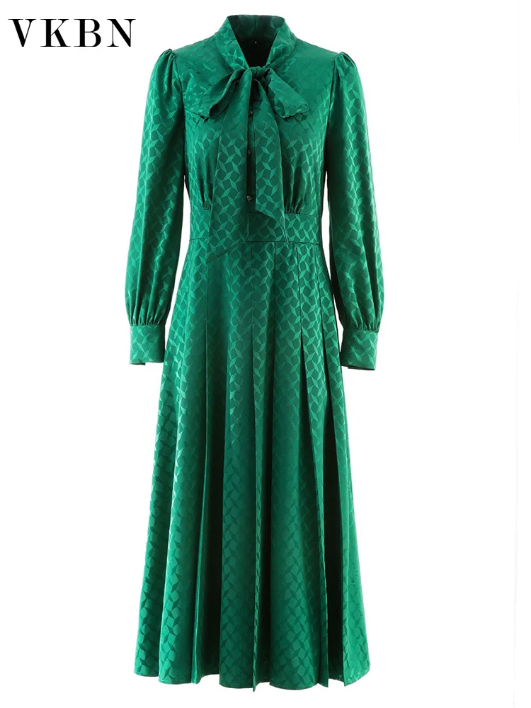 VKBN Women Dresses Summer 2022 Casual Bow Long Sleeve O-Neck Designer Pullover Party Green Maxi Dresses for Women