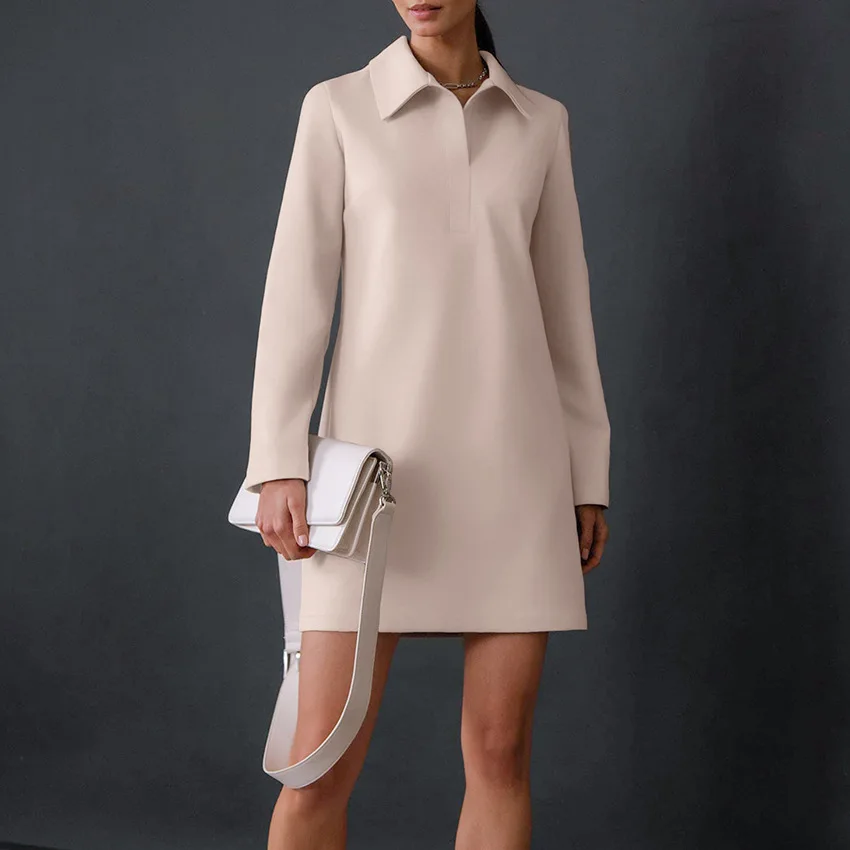 

2023 New Spring Autumn Casual Office Mini Dress A-Line Lapel Elegant Loose Robe Lady Long Sleeve Chic Dresses For Women Soft