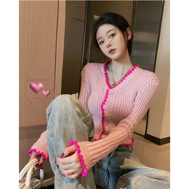 

Fashion Sweater for Women V-neck Long Sleeve Tunic Sueter Mujer Korean Knitwear Sweet Cropped Cardigan Y2k Tops Pull Femme