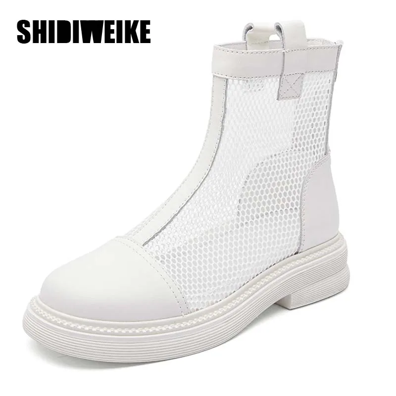 

Genuine Leather Thick Sole Summer Breathable Platform Boots Women Buckle ZIP Waterproof Chuky Sole Boots AD1893