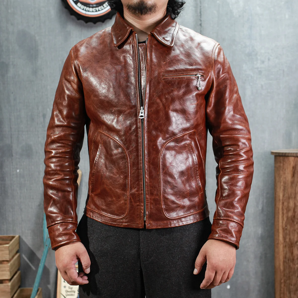 

SDC2050 Super Top Quality Slim Fitting Heavy 1.6mm Genuine Japan Hyogo Veg Tanned Cow Leather Classic Stylish Jacket 2.5KG