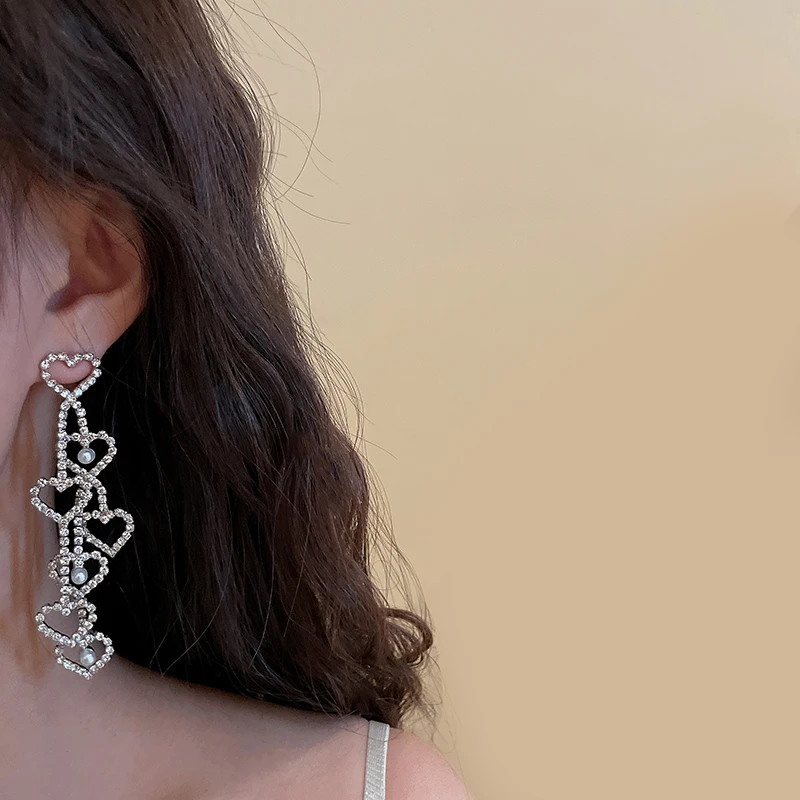 

Shiny Heart Long Tassel Crystal Dangle Earrings for Women Fashion Pearl Zirconia Earring Romantic Girl Wedding Party Jewelry