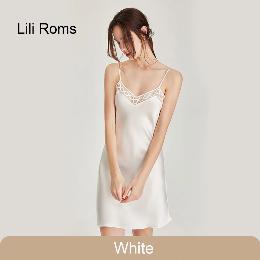

Ночная сорочка LiliRoms женская белая из 100% шелка, кружевная ночная рубашка, одежда для сна для девушек, Мини 19 ММИ, с V-образным вырезом, женская одежда на лямках