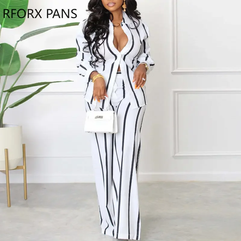 Женский элегантный комплект в полоску с длинными рукавами и отложным воротником