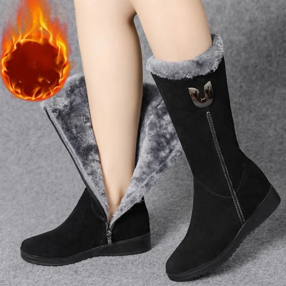 

Warm Chelsea High Fur Boots Women 2023 Winter Shoes for Women Chunky Mid-calf Plush Snow Flat Boots Zip Fashion Botas De Mujer