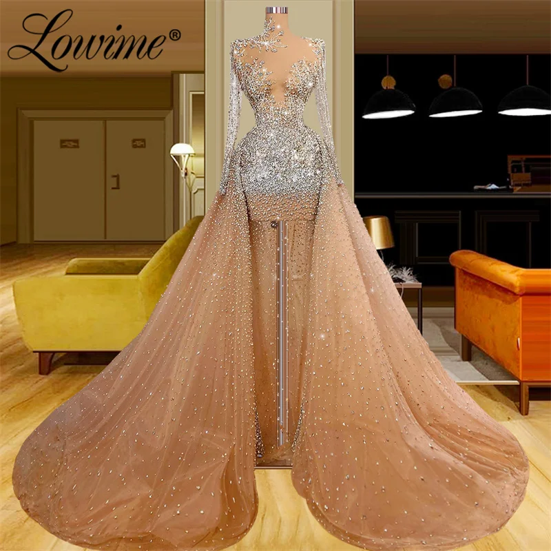 

Lowime Luxury Dubai Design Long Evening Dresses Champagne Mermaid Customize Beaded Crystals Plus Size Party Dress Prom Gowns