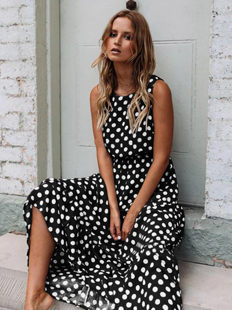 

Suer Sleeveless Polka Dot Print Woen idi Dress Casual Fashion Dresses A-Line Boho Beach Long Dress Vestidos