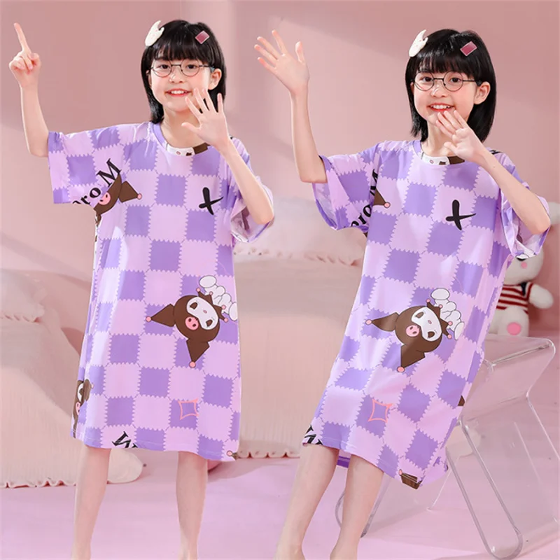 

Sanrios Nightdress Kawaii Anime MyMelody Kuromi Cinnamoroll Summer Girls Short Sleeve Dress Cute Cartoon Kids Pajamas Homewear