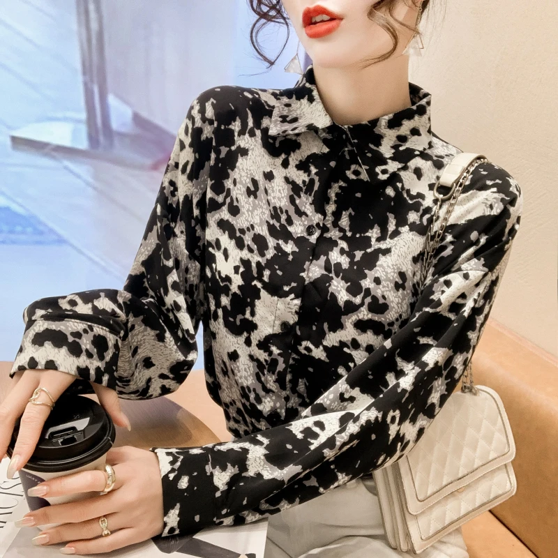 

Шифоновая женская блузка большого размера, леопардовая рубашка, летняя элегантная Свободная блузка в Корейском стиле с длинным рукавом, мо...