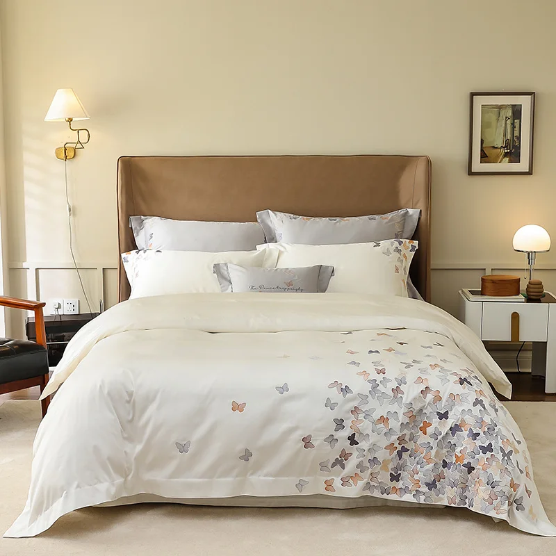 

High Quality 60S Egyptian Long-staple Cotton Butterfly Embroidery Luxury Bedding Quilt/Duvet Cover Set Bed Linen Pillowcases