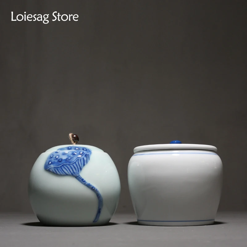 

Loiesag Dehua White Porcelain Hand Painted Celadon Lotus Flower Tea Caddy Sealed Tea Caddy Dried Fruit Storage Box Storage Tank