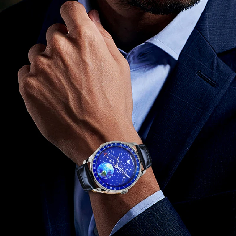 Цена Новинка 2022, часы Moon Leather Japan Miyota8215 Move Men T автоматические мужские часы со звездным небом и циферблатом, роскошные механические наручные часы с ...