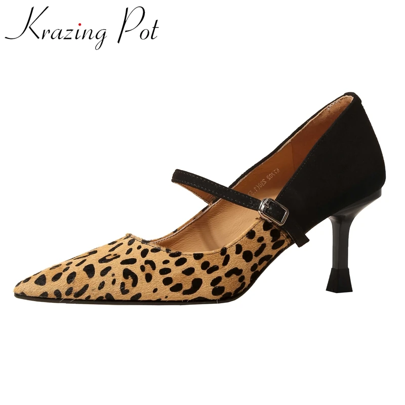 

Krazing Pot horse hair pointed toe stiletto high heels leopard print young lady daily wear buckle strap shallow women pumps L02