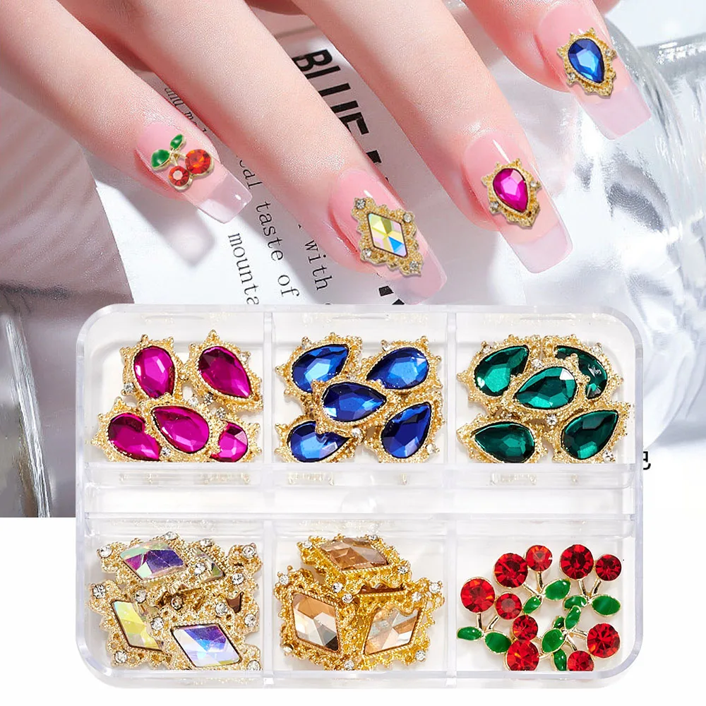 

1Box Nail Art Rhinestone 24/30Pcs 3D Water-drop/Heart/Cherry Gems Nail Decorations Metal Alloy Crystal DIY Nail Charms Jewelry