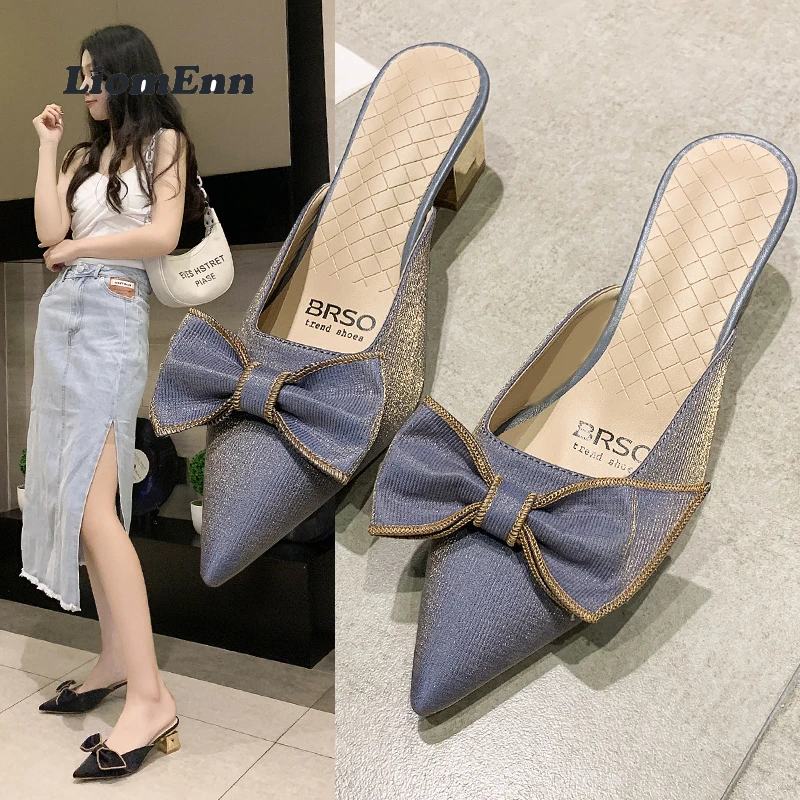 

2022 Trendy Summer Bowknot Pointed Toe Low Heels Mules Women Outdoor Casual Sexy Slipper Women Slides Purple Elegant Party Shoes