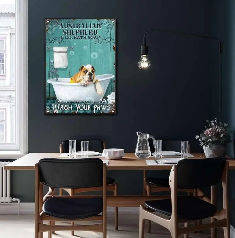 Tn Sgn ustrln Sheph Co Bth Sop Vntge Funny Dog Wsh Your Pw Wll rt Decor Metl 12x16nch-Wth Blck Frme
