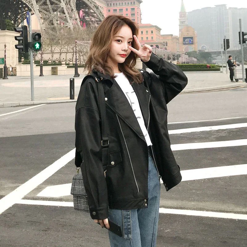 

Fashion Women Oversized Coat Faux Leather Jacket Spring Autumn Loose Biker Motorcycle Jackets Female Punk Streetwear