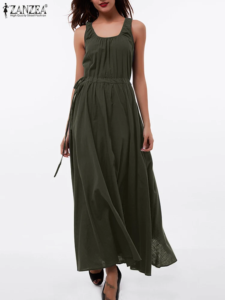 

ZANZEA Summer Women Drawstring Waist Overalls Dres Fashion Holiday Loose Dress Beach Maxi Sundress Work Vestidos Robe Femme