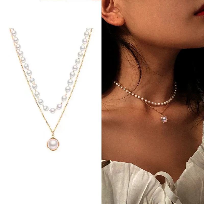 

2022 New Fashion Korean Kpop Choker Necklace For Women Double Layer Beads Chain Cute Pearl Pendant Jewelry Female Gift 2022