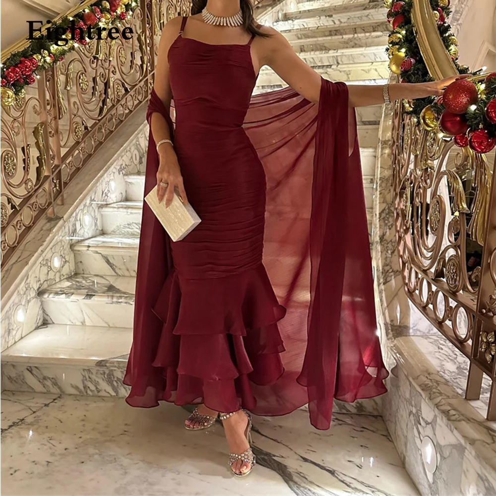 

Eightree Burgundy Vintage Evening Dresses Spaghetti Straps Mermaid Tiered Pleat Robe De Soirée Formal Occasion Dresses 2023