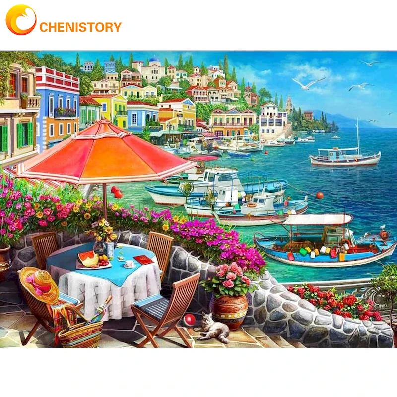 

CHENISTORY DIY Painting By Numbers Landscape Seaside Restaurant Wall Art Picture Hand Painted Oil Painting For Home Decoration