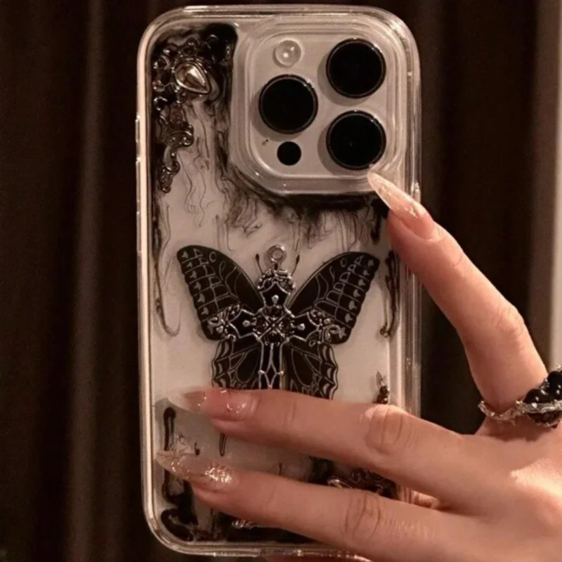 Готический темно-черный чехол для телефона с 3D бабочкой и крестом iPhone 16 15 14 13 12 11 Pro