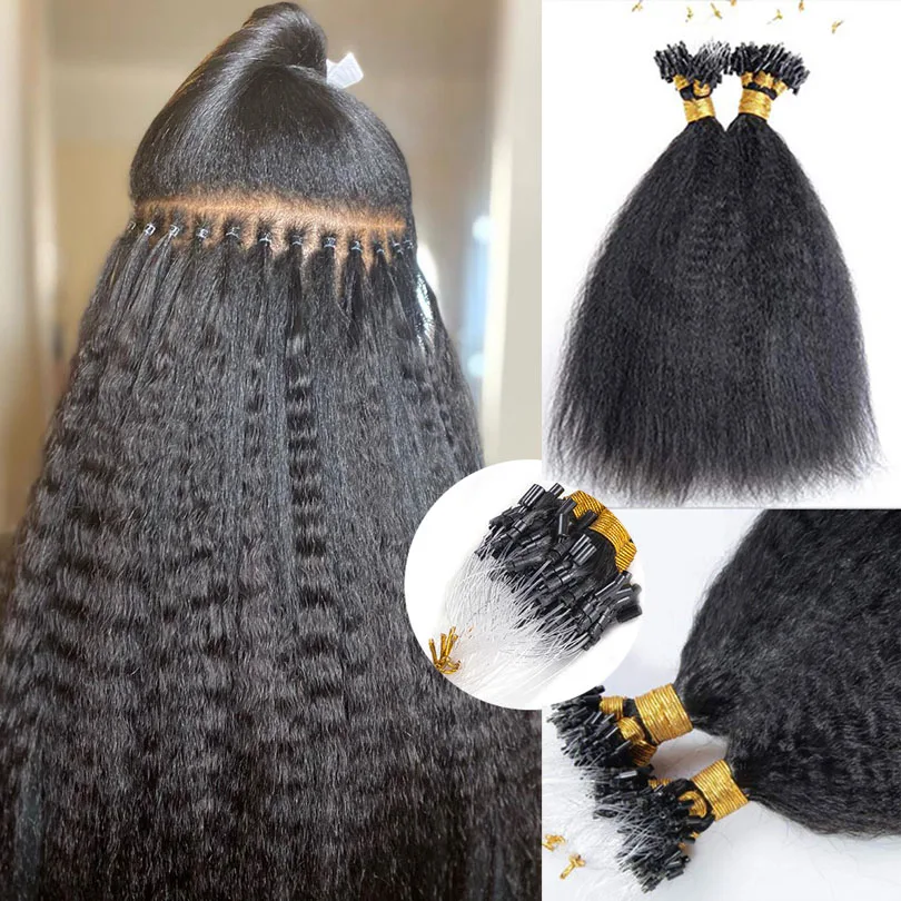 Кудрявые прямые удлинители волос с микропетлями для черных женщин бразильские