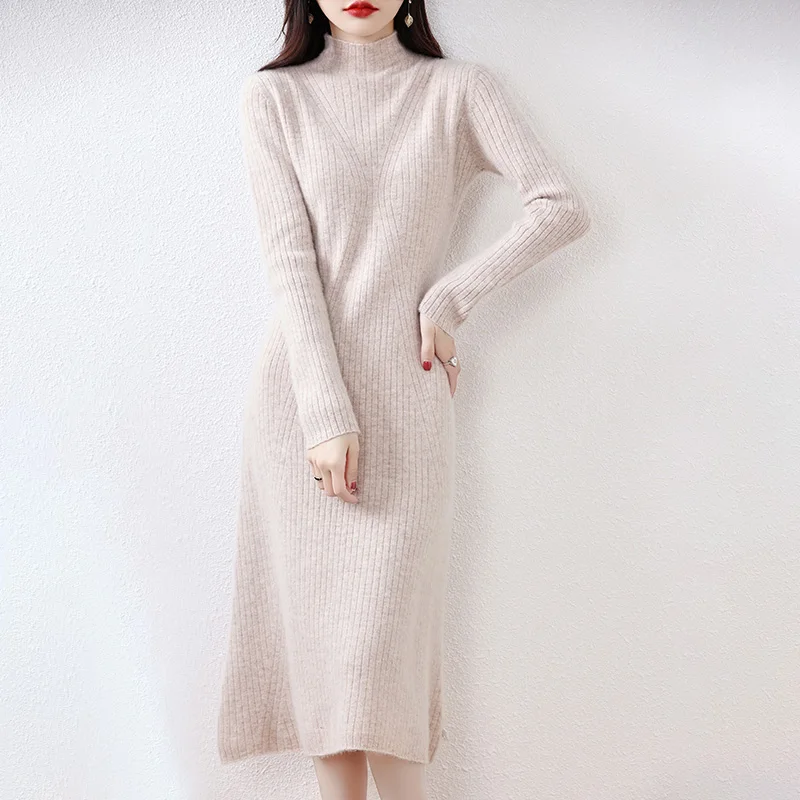 

100% Merino Wool Sweater Knitted Long Dress 2023 Autumn And Winter New Women's Half Turtleneck Striped Solid Color Warm