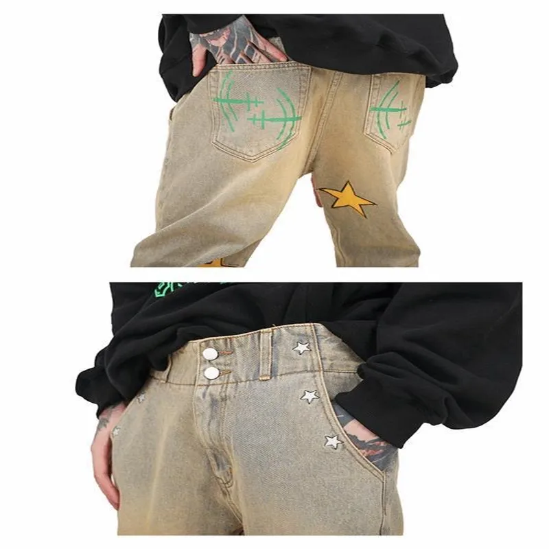 New Jeans Oversize American Jeans Men's Spring Autumn High Street Hip Hop Style Embroidered Stars Whiskers Straight Loose Pants