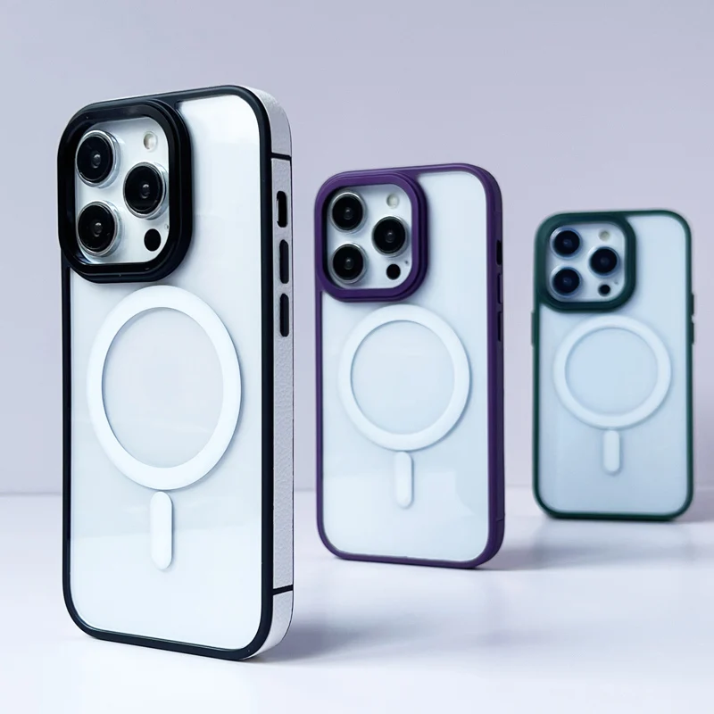 

Luxury PU leather frame clear anti-fall Magsafe phone case for iPhone 14 13 14pro 13pro 14pro max Camera protection cover