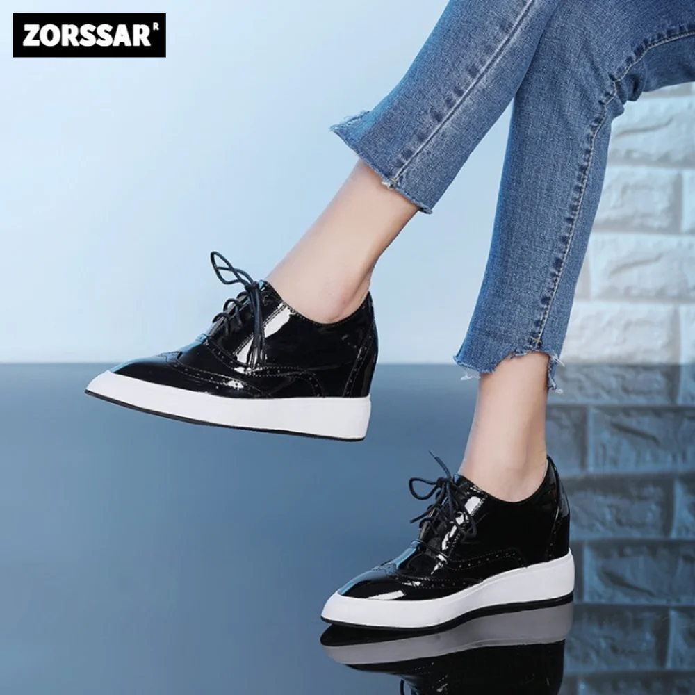 

Patent leather white Women Sneakers Fashion Lace-Up Height Increasing Platform Wedges Sneakers Casual Vulcanized shoes for women
