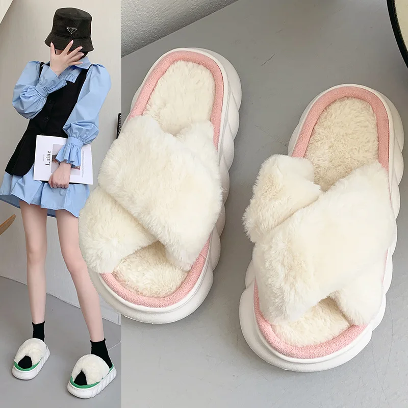 

Cross Fluffy Fur Platform Wool Slippers Women 2022 Winter Fashion One-word Slippers Solid Color Home Slippers Chaussures Plates
