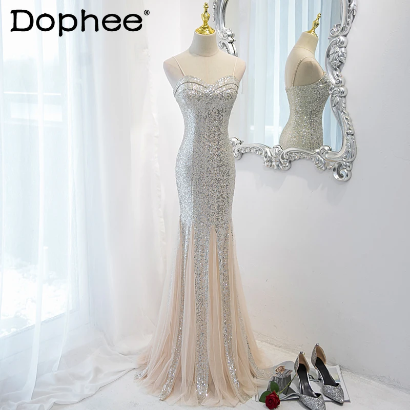 

Mesh Stitching Sequin Strap Evening Bodycon Dress Women 2022 New Temperament V-neck Sleeveless Sexy Backless Maxi Fishtail Dress