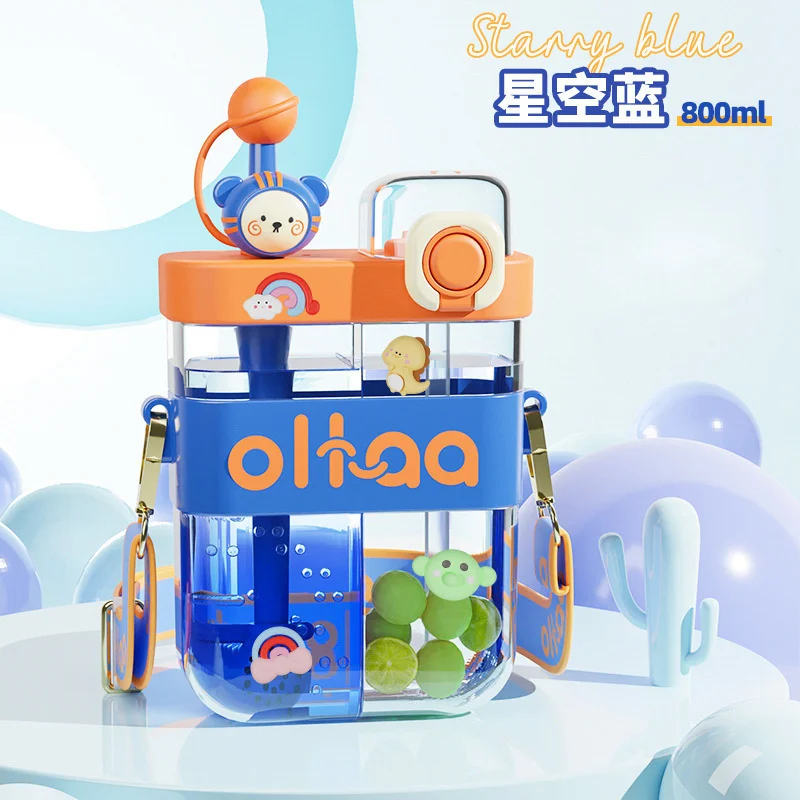 580ml/800ml Cartoon Straw Water Bottle For School Girl Boy Portable BPA Free Large Capacity Split Bin Double Drink Plastic Cup