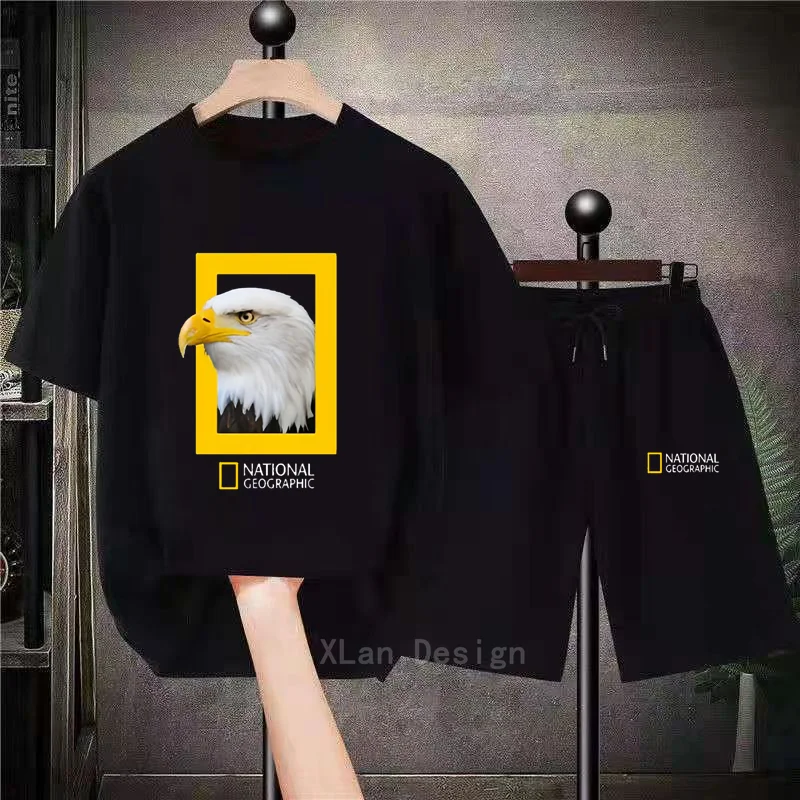 Nationals Geographics Two Piece Sets Tracksuit 100% Cotton Summer Men T-shirts Shorts Sportswear Korea Brand Clotheing For Man