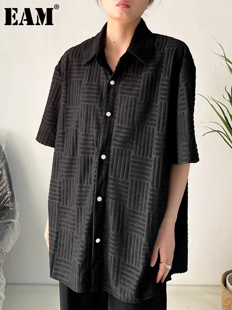 

[EAM] Women Black Big Size Striped Elegant Blouse New Lapel Half Sleeve Loose Fit Shirt Fashion Tide Spring Autumn 2023 1DH0018