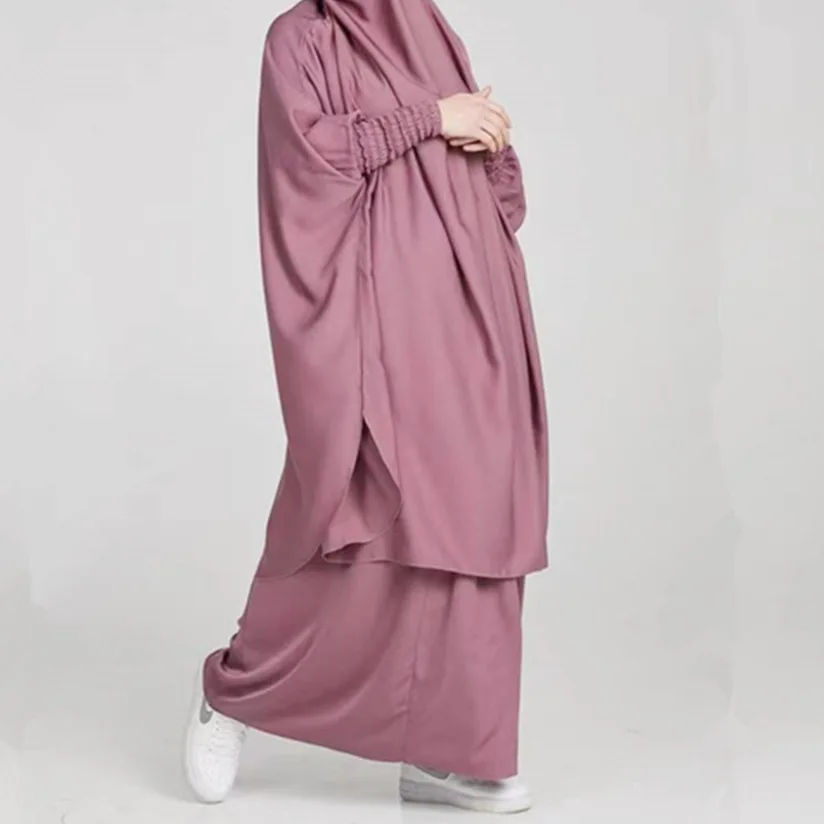 

Ramadan Muslim Women's Two Piece Abaya Set Nida Solid Khimar +Maxi Skirt Dubai Middle East Islamic Ramadan Prayer Clothes Loose
